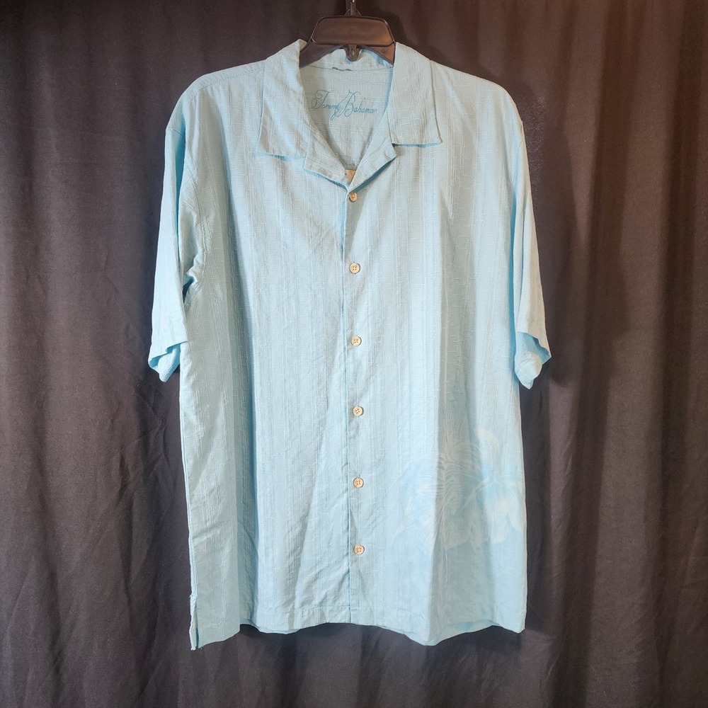 Tommy Bahama Mens Silk Camp Shirt‎ Short Sleeve Blue Tropical Print Button Up L